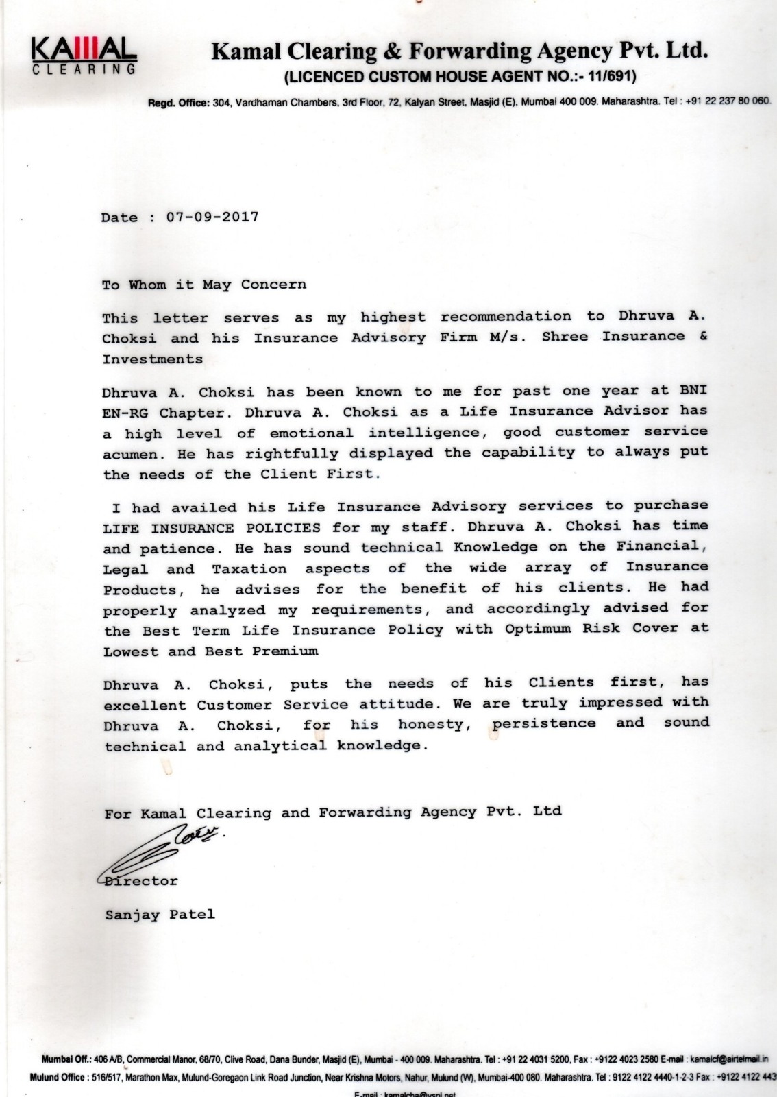 Testimonial letter from Sanjay Patel, Kamal Clearing & Forwarding Agency Pvt. Ltd.